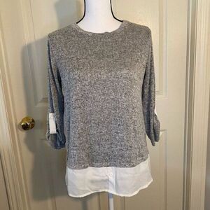 Faith and Joy women's grey pulloer sweater top with slit white back size small